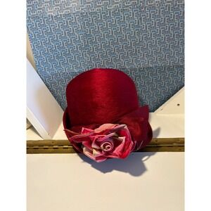 Vintage Red Fur Felt Cloche Hat Italy Pink Rose Floral Grosgrain Ribbon Accent